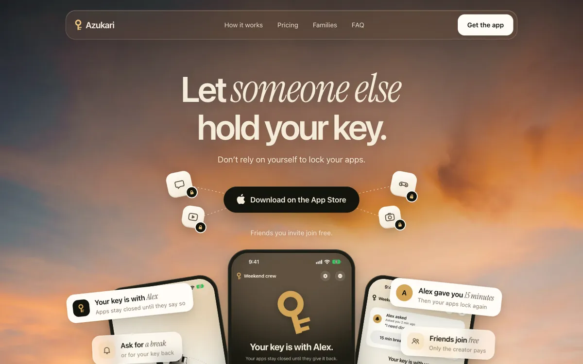 Azukari website with the headline Let someone else hold your key and three iPhone screens