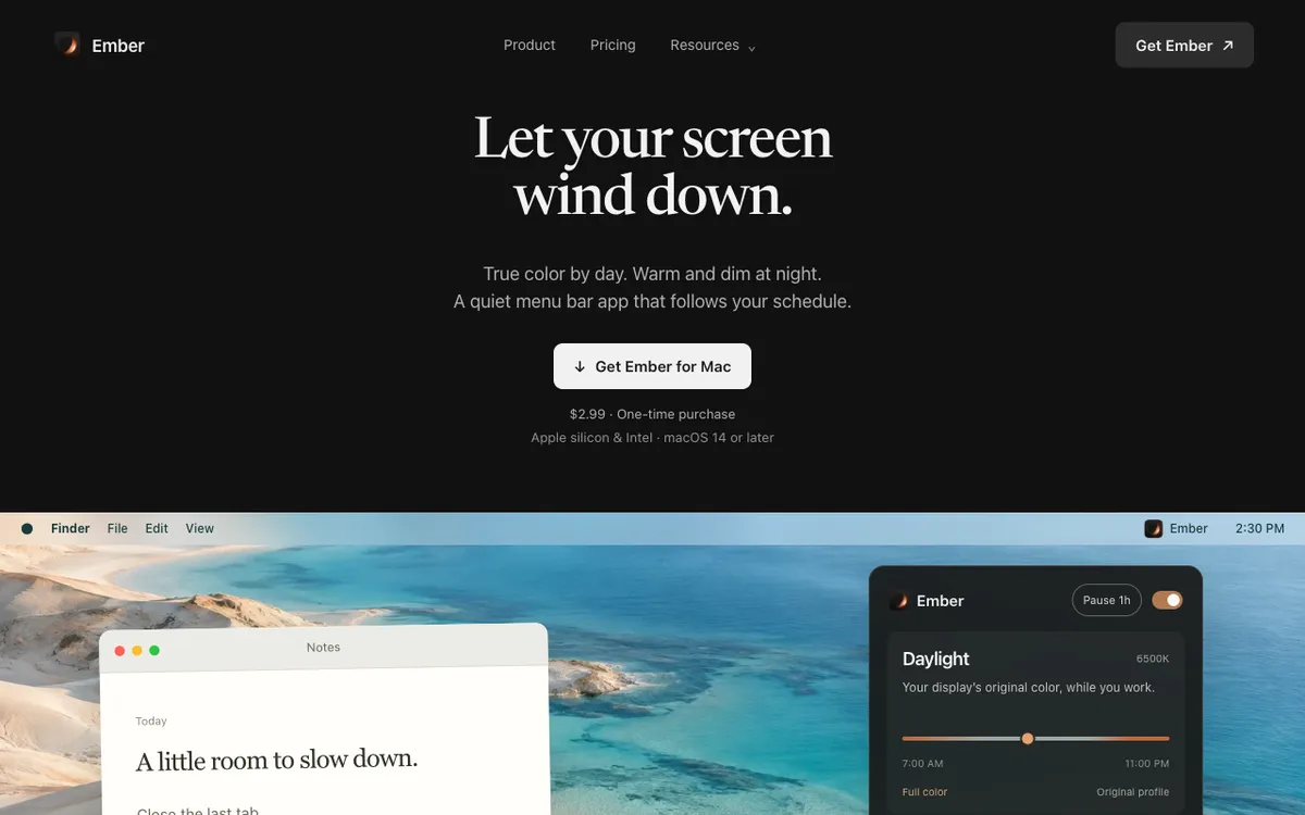 Ember website with the headline Let your screen wind down