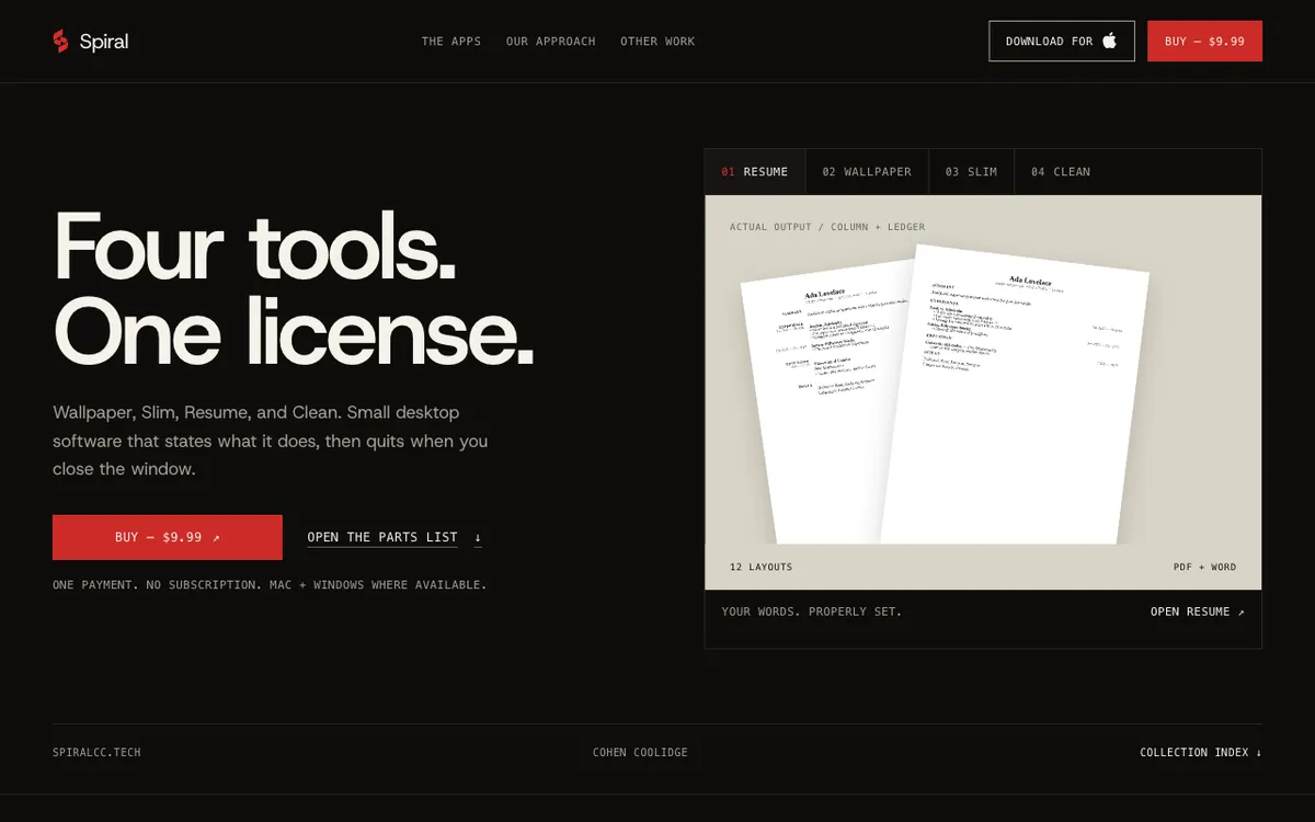 Spiral Collection website with the headline Four tools. One license.