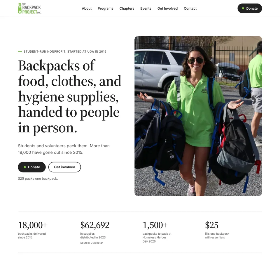 The Backpack Project website rebuild: a volunteer holding backpacks, the headline, and impact numbers